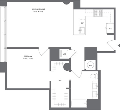 Floor plan for 1 bed, 1 bath, 902 sqft